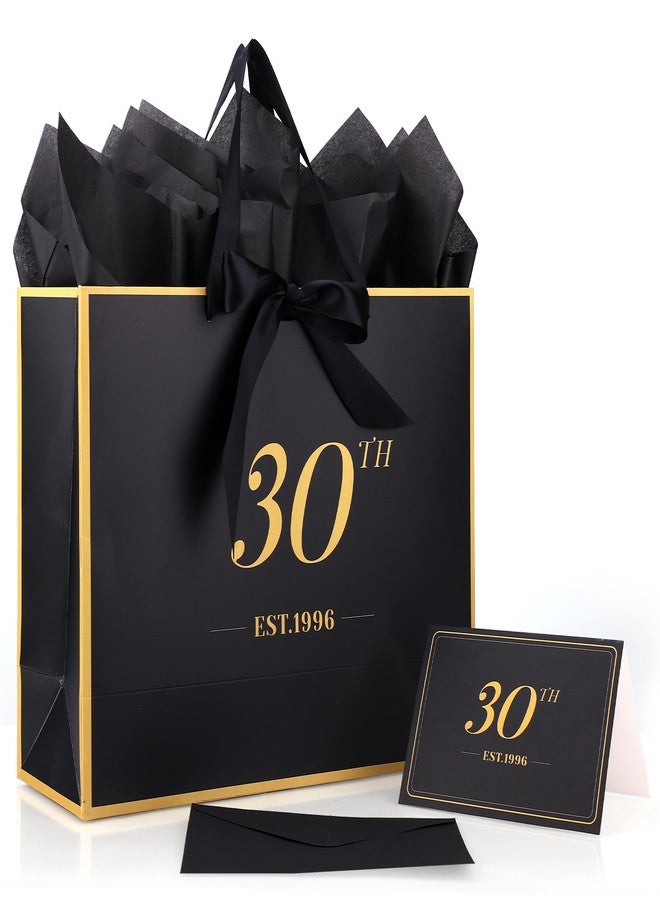 Fukaisu 30th Birthday Gift Bag with Card Envelope Ribbon & Tissue Papers for Men Women, EST.1996 30 Year Old 13" Anniversary Keepsake Party Favor Goodie Shopping Bags for Gifts Wrapping (Black Gold) - Image 1